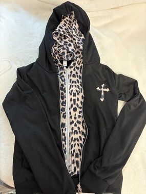 Black Hoodie with Leopard Lining and Cross Accent